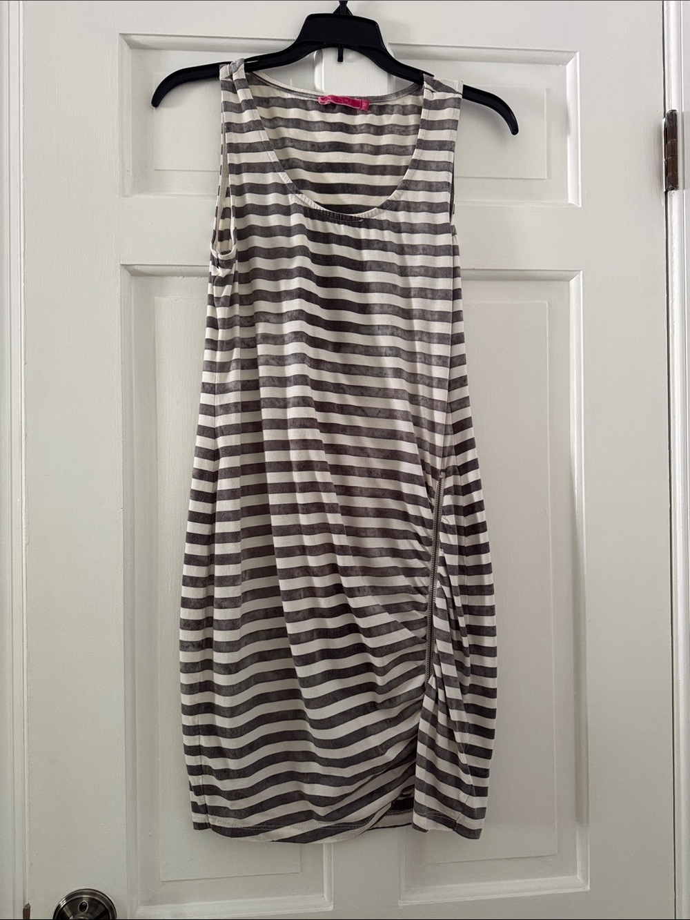 Striped Sleeveless Shift Dress in Gray and White